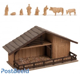 Christmas Market Manger with Figures in Wood Look