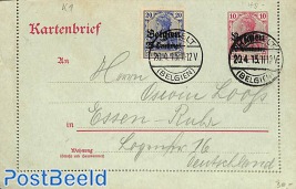 Card letter 10c, uprated from HASSELT to Essen