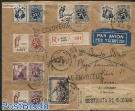 Returned registered airmail letter, stamps with commercial tabs