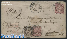 Envelope 1Gr, uprated with stamps, from Leschnitz to Breslau