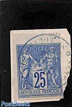 25c blue, used on piece of paper