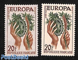 Europa 20F, error (green fingers and ear of corn half green), right stamp=normal to compare