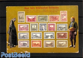 Postcard with stamp collection (folded corner)