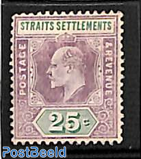 Straits Settlements, 25c, WM multiple CA, Stamp out of set