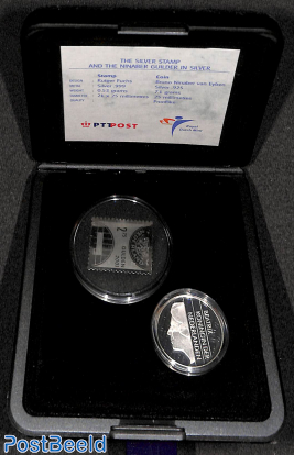 Silver guilder and silver stamp set in box, prooflike