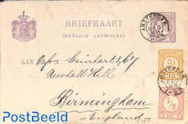 Briefkaart from Amsterdam to Birmingham. Drukwerkzegels 1/2cent, 2 cent, 2 1/2 cent.