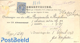 subscription from The Hague to Hoogeloon, via Dordrecht. See postmarks. Princess Wilhelmina (hangend
