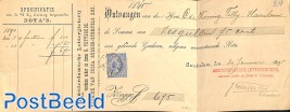 6,75 gulden cheque from 1895 from Amsterdam. Princess Wilhelmina (hangend haar)