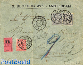 registered cover from Amsterdam to Bremen. See both postmarks and Princess Wilhelmina (hangend haar)