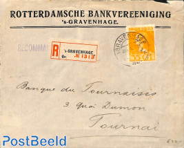 Registered cover from The Hague to Tournai. Rotterdamsche Bankvereniging s'Gravenhage