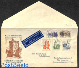 Castles 5v, FDC, open flap, typed address by airmail to Curacao
