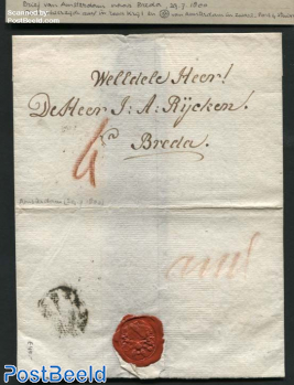 Letter from Amsterdam to Breda, wax seal, paid 4 stuiver