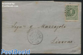 20c perf. 14 on letter from Amsterdam to Livorno, brown spots, this perf. is very rare on a letter.