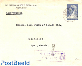 Envelope 15c, from Paramaribo to Granby (Canada), with postmark: GEZIEN CENSUUR