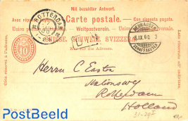 Reply paid postcard 10/10c,from NEUHAUSEN to Rotterdam
