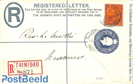 Registered letter postal stationary with uprate stamp to Montserrat