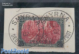 German Post, 25Pia on 5M, overprint without serif, narrow numbers on original stamp, used on piece o