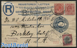 Registered envelope 4d blue, uprated, R Nijlstroom, sent to USA