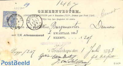 subscription from The Hague to Drunen via Heusden, see postmarks. Princess Wilhelmina (hangend haar)
