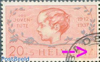 20+5c, Plate flaw, A of HELVETIA with spot