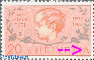 20+5c, Plate flaw, Damaged A of HELVETIA