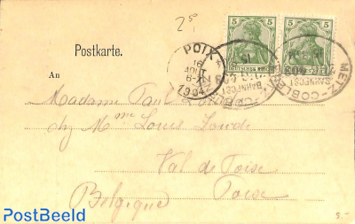 Postcard to Belgium, Railway postmark: METZ-COBLENZ
