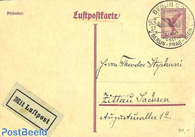 Airmail postcard, first postflight BERLIN-PRAG-WIEN