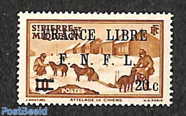20c on 10c, FRANCE LIBRE, stamp out of set