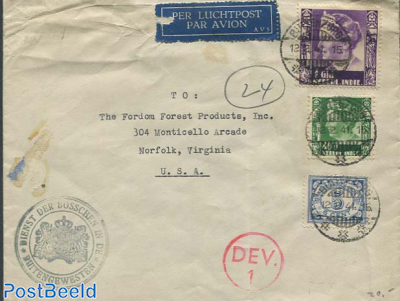 Airmail from Dutch Indies to Norfolk,USA. Dienst Der Bosschen in de Buitenweten mark addes