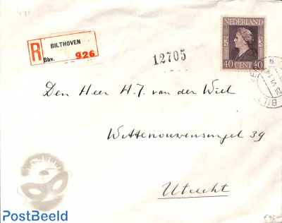 NVPH No. 441 on registered letter from Bilthoven to Utrecht