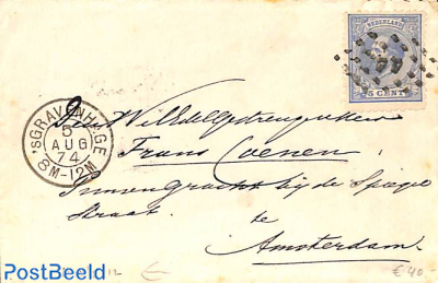 small cover from The Hague to Amsterdam, see both postmarks. PUNTSTEMPEL added 