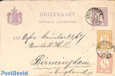 Briefkaart from Amsterdam to Birmingham. Drukwerkzegels 1/2cent, 2 cent, 2 1/2 cent.