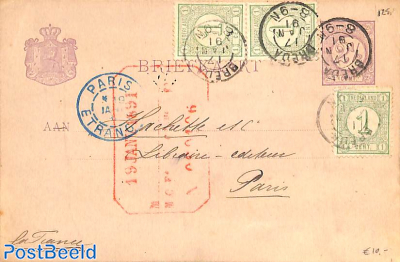Briefkaart from Breda to Paris, see postmarks. Drukwerkzegels cijfers