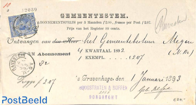 official mail from Megen to The Hague via Ravenstein, see all postmarks. Princess Wilhelmina (hangen