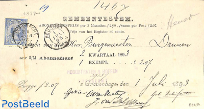 subscription from The Hague to Drunen via Heusden, see postmarks. Princess Wilhelmina (hangend haar)