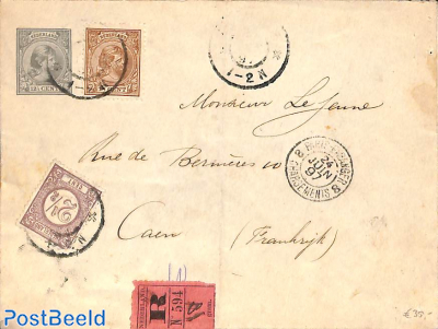 registered cover from Holland to Caen via Paris. Princess Wilhelmina (hangend haar) and Drukwerkzege