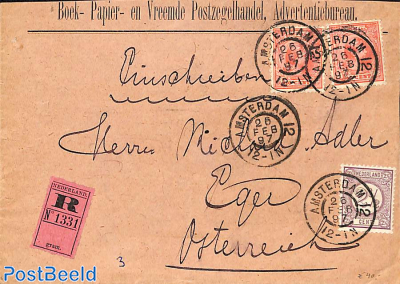 Registered envelope from Amsterdam to Eger/Cheb . Drukwerkzegel 2.5c and Princess Wilhelmina (hangen