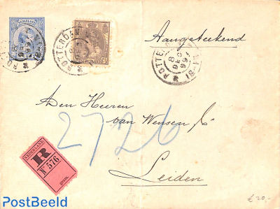 Envelope 5c, uprated with 10c Bontkraag to registered mail from Rotterdam to Leiden
