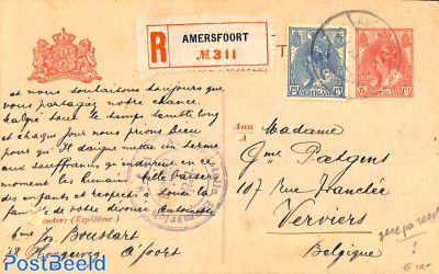 Registered postcard from Amersfoort to Verviers, Belgium. 