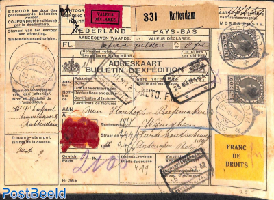 Adress card for parcel with declared value from Rotterdam to Antwerpen