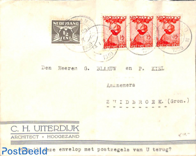 Letter from Hoogezand to Zuidbroek with child welfare stamps