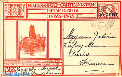 Postcard 10 cent on 12.5c, Dordrecht, sent to Paris