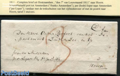 Letter from Oostzaandam to Hoorn, prepaid Porto to Amsterdam (3s)