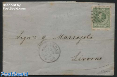 20c perf. 14 on letter from Amsterdam to Livorno, brown spots, this perf. is very rare on a letter.