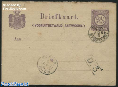 Postcard 2.5c, narrow shadow coat of arms (VOORUITBETAALD ANTWOORD)
