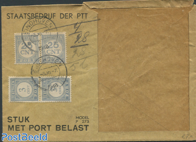 Envelope from Holland, postage due 2x25cent and 2x3cent