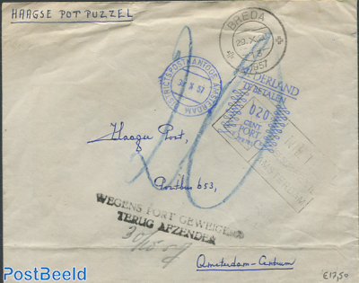 Envelope from The Hague to Amsterdam,via Breda. Postage due 20 cent.