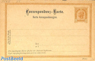Reply-Paid Postcard 2/2kr, short s, (Poln.)
