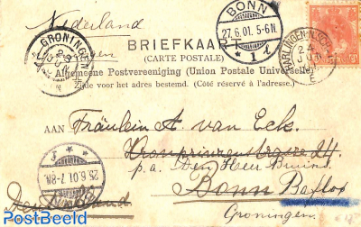 Postcard from HARLINGEN N:SCH (kleinrond) to Bonn, resent to Baflo