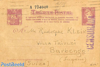 Postcard, 25C, EL GOBIERNO, Censored, to Lugano